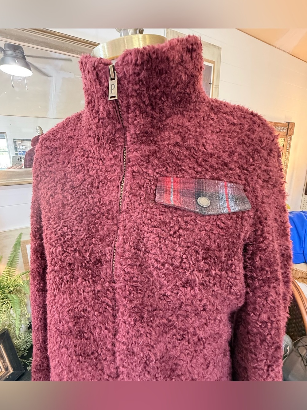 Pendleton Maroon Faux Sherpa Full Zip Mock Neck Jacket, Wool Plaid accents Sz Sm